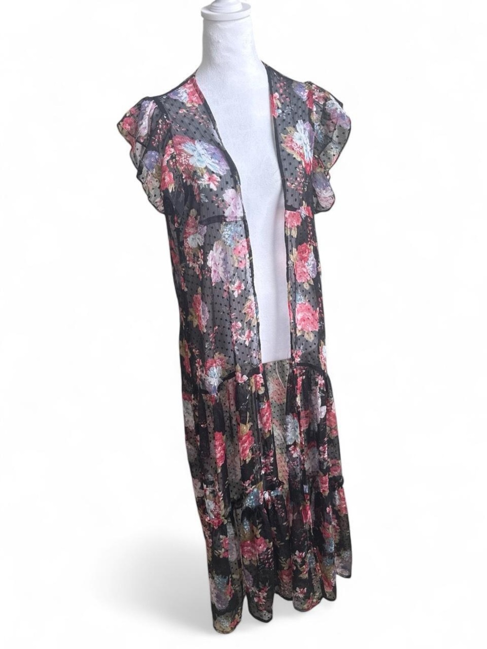 Betsey Johnson Black Sheer Floral Kimono with Pink Accents